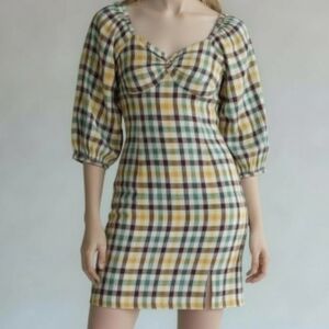 Roxy Dress Womens XS Plaid Brown Moonlight‎ Shores Peasant Boho Milkmaid NWT